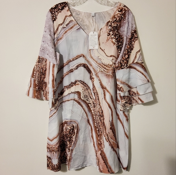 Unbranded Dresses & Skirts - NWT!  Biege/Light Brown Marble 3/4 Tiered Bell Sleeves Shift Dress V-Nec Size L